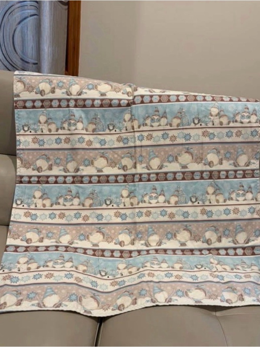 Handmade Double Sided Christmas Baby Blanket / Throw Blue Snowflakes Gnomes